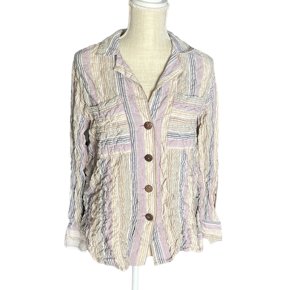 Free People High Tide Long Sleeve Button Up Blouse Striped Tan Pink Womens XS